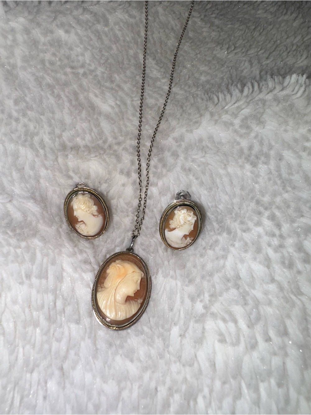 Vintage Set Screw Back Earrings & Necklace Beautifully Carved Shell, Marked 835
